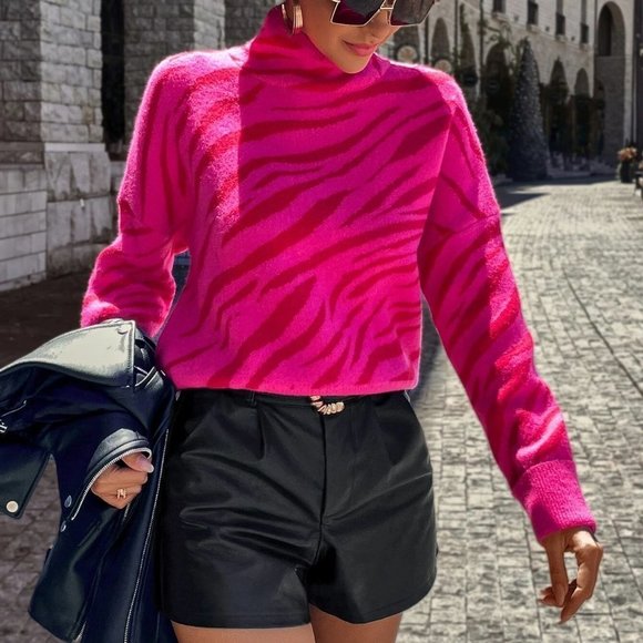 Casual Zebra Striped Pattern High Neck Sweater Hot pink - Picture 4 of 5